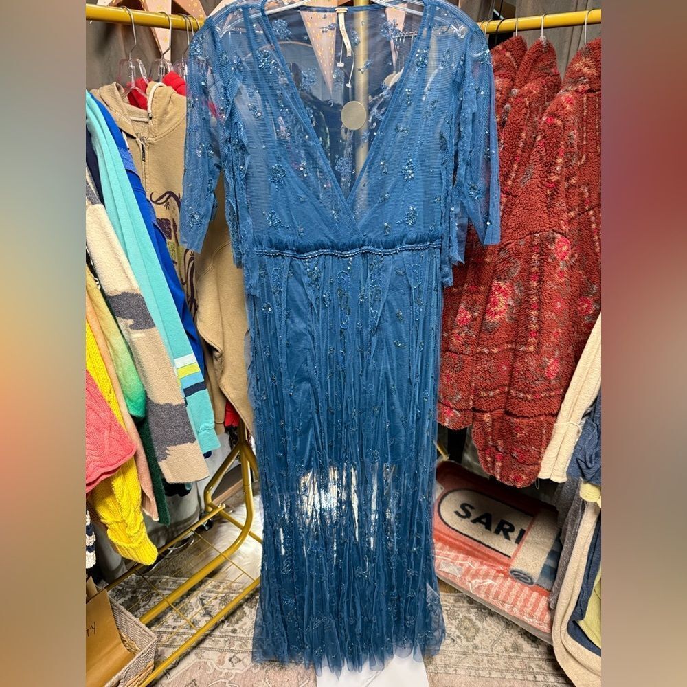 Free People Sheer Embellished Maxi Dress in Deep Blue - Picture 7 of 9